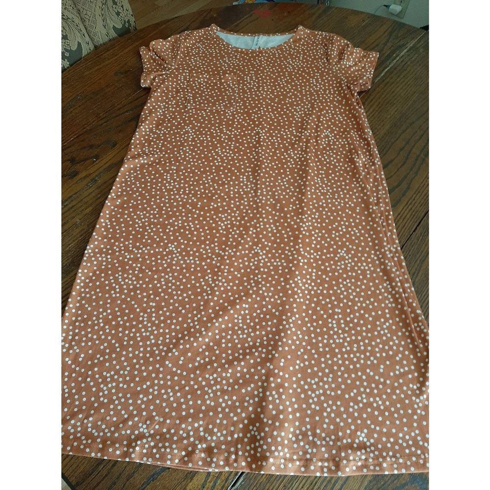 Medium Tickled Teal Brown White Short Cap Sleeve Tunic Dress Midi Casual